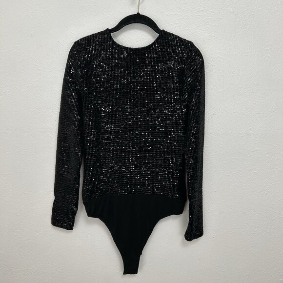 $140 Bardot Shimmer Black Long Sleeve Sequin Bodysuit Size S One-piece Holidays - Picture 8 of 11